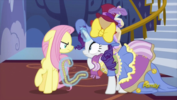 Size: 914x514 | Tagged: safe, screencap, fluttershy, rarity, pony, fame and misfortune, g4, and then there's rarity, angry, bags under eyes, fluttershy is not amused, stress couture, unamused