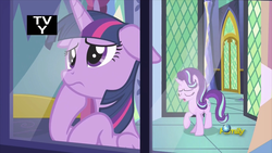 Size: 914x514 | Tagged: safe, screencap, starlight glimmer, twilight sparkle, alicorn, pony, fame and misfortune, g4, discovery family logo, duo, duo female, female, tv-y, twilight sparkle (alicorn)