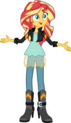 Size: 3000x5132 | Tagged: safe, artist:uponia, sunset shimmer, equestria girls, g4, boots, clothes, female, high res, jacket, pants, shirt, shoes, simple background, smiling, solo, transparent background, vector