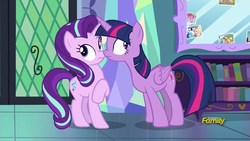 Size: 1920x1080 | Tagged: safe, screencap, apple bloom, applejack, fluttershy, pinkie pie, rainbow dash, rarity, scootaloo, snails, snips, spike, starlight glimmer, sweetie belle, twilight sparkle, alicorn, dragon, pony, unicorn, fame and misfortune, g4, boop, discovery family logo, duo, nose wrinkle, noseboop, twilight sparkle (alicorn)