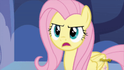Size: 400x225 | Tagged: safe, screencap, fluttershy, pony, fame and misfortune, g4, season 7, angry, animated, assertive fluttershy, discovery family logo, female, fluttershy is not amused, gif, implied rarity, magic, measuring tape, peeved, solo, unamused