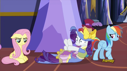 Size: 914x514 | Tagged: safe, screencap, fluttershy, rainbow dash, rarity, pony, fame and misfortune, g4, and then there's rarity, discovery family logo, fetal position, fluttershy is not amused, looking down, marshmelodrama, messy mane, messy tail, pinpoint eyes, rocking, stress couture, unamused