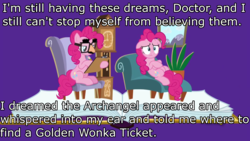 Size: 1920x1080 | Tagged: safe, edit, edited screencap, screencap, pinkie pie, earth pony, pony, fame and misfortune, g4, charlie and the chocolate factory, golden ticket, groucho mask, image macro, meme, pinkiatrist, roald dahl, therapist, therapy, willy wonka and the chocolate factory