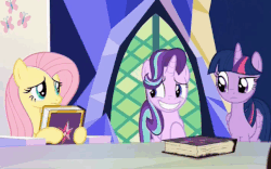 Size: 645x402 | Tagged: safe, screencap, fluttershy, starlight glimmer, twilight sparkle, alicorn, pegasus, pony, unicorn, fame and misfortune, g4, animated, book, eye contact, female, friendship journal, frown, gif, grin, looking at each other, mare, nervous, nervous smile, raised eyebrow, raised hoof, shifty eyes, sitting, smiling, squee, twilight sparkle (alicorn)