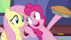 Size: 914x514 | Tagged: safe, screencap, fluttershy, pinkie pie, pony, fame and misfortune, g4, discovery family logo, food, pie