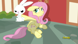 Size: 1280x720 | Tagged: safe, edit, edited screencap, screencap, angel bunny, fluttershy, pegasus, pony, fame and misfortune, g4, angry, cornered, grumpy, hoof hold, scared, shield, vector