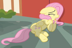 Size: 974x650 | Tagged: safe, screencap, fluttershy, pony, fame and misfortune, g4, cowering, female, folded wings, mare, out of context, scared, solo, wings