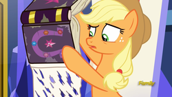 Size: 1920x1080 | Tagged: safe, screencap, applejack, earth pony, pony, fame and misfortune, g4, book, centerfold, discovery family logo, disturbed, friendship journal, out of context, page