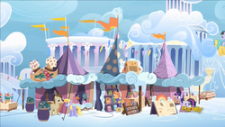 Size: 1920x1080 | Tagged: safe, screencap, amber ink, cloud kicker, crescent pony, mane moon, rainbow swoop, spectrum, sunshower raindrops, twilight sparkle, alicorn, pegasus, pony, fame and misfortune, g4, book store, bookseller, cloud, cloudsdale, discovery family logo, female, male, mare, stallion, twilight sparkle (alicorn)