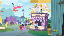 Size: 1920x1080 | Tagged: safe, screencap, lemon hearts, minuette, puff piece, twilight sparkle, twinkleshine, alicorn, pony, unicorn, fame and misfortune, g4, canterlot, colt, discovery family logo, female, male, mare, newspaper, twilight sparkle (alicorn)