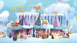Size: 1920x1080 | Tagged: safe, screencap, amber ink, cloud kicker, crescent pony, mane moon, sunshower raindrops, twilight sparkle, alicorn, pegasus, pony, fame and misfortune, g4, book store, bookseller, bookshelf, cloud, cloudsdale, cloudsdale market, discovery family logo, female, male, mare, market, stallion, tent, twilight sparkle (alicorn), vendor, vendor stall