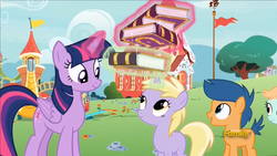 Size: 1920x1080 | Tagged: safe, screencap, dinky hooves, first base, peach fuzz, piña colada, twilight sparkle, alicorn, earth pony, pony, unicorn, fame and misfortune, g4, colt, discovery family logo, female, filly, friendship journal, magic, male, mare, telekinesis, twilight sparkle (alicorn)