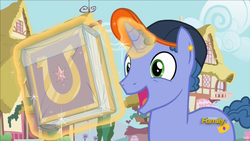 Size: 1920x1080 | Tagged: safe, screencap, royal gambit, pony, unicorn, fame and misfortune, g4, book, discovery family logo, friendship journal, happy, hat, levitation, magic, male, open mouth, smiling, solo, stallion, telekinesis