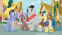 Size: 1920x1080 | Tagged: safe, screencap, butter up, cocoa candy, first edition, royal gambit, pony, fame and misfortune, g4, discovery family logo, female, friendship journal, magic, male, mare, stallion, telekinesis
