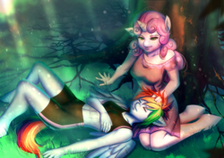 Size: 1400x990 | Tagged: safe, artist:bakki, rainbow dash, sweetie belle, pegasus, unicorn, anthro, unguligrade anthro, g4, abs, against tree, clothes, commission, compression shorts, crepuscular rays, cute, dress, duo, eyes closed, female, lesbian, mare, nap, older, older sweetie belle, ship:sweetiedash, shipping, tree, under the tree