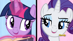 Size: 1276x714 | Tagged: safe, screencap, rarity, twilight sparkle, alicorn, pony, fame and misfortune, g4, bedroom eyes, book, flawless, levitation, magic, telekinesis, twilight sparkle (alicorn)