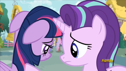 Size: 1920x1080 | Tagged: safe, screencap, starlight glimmer, twilight sparkle, alicorn, pony, fame and misfortune, g4, comforting, discovery family logo, floppy ears, ponyville, twilight sparkle (alicorn)