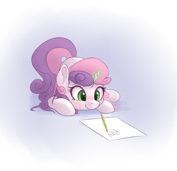 Size: 985x950 | Tagged: safe, artist:vanillaghosties, sweetie belle, pony, unicorn, g4, atg 2017, cute, diasweetes, drawing, female, levitation, magic, newbie artist training grounds, paper, pencil, solo, sweetie belle's magic brings a great big smile, telekinesis