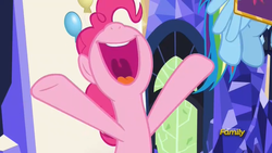 Size: 647x365 | Tagged: safe, screencap, pinkie pie, rainbow dash, pony, fame and misfortune, g4, discovery family logo, nose in the air, open mouth, smiling, volumetric mouth