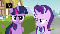 Size: 914x514 | Tagged: safe, screencap, starlight glimmer, twilight sparkle, alicorn, pony, unicorn, fame and misfortune, g4, season 7, angry, discovery family logo, duo, duo female, female, mare, starlight glimmer is not amused, tv-y, twilight sparkle (alicorn), twilight sparkle is not amused, unamused