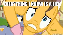 Size: 600x336 | Tagged: safe, edit, edited screencap, screencap, caramel, diamond cutter, dizzy twister, orange swirl, rainbowshine, pony, fame and misfortune, g4, discovery family logo, dramamel, image macro, meme, memeful.com