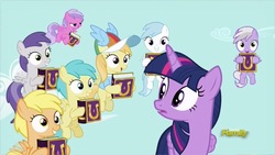 Size: 914x514 | Tagged: safe, screencap, cotton cloudy, mango dash, noi, pinkie feather, rainy feather, sweet pop, tornado bolt, twilight sparkle, alicorn, pony, fame and misfortune, g4, discovery family logo, twilight sparkle (alicorn)