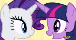 Size: 1323x706 | Tagged: safe, screencap, rarity, twilight sparkle, alicorn, pony, fame and misfortune, g4, my little pony: friendship is magic, discovery family logo, flawless, twilight sparkle (alicorn)