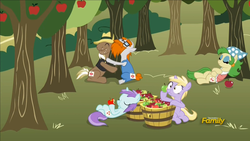Size: 1920x1080 | Tagged: safe, screencap, dinky hooves, liza doolots, ol' salt, petunia, savage honeydew, spring green, tootsie flute, earth pony, pony, unicorn, fame and misfortune, g4, apple, apple orchard, apple tree, background pony, basket, bushel basket, cajun ponies, chubby, discovery family logo, female, filly, food, male, mare, reclining, sitting, stallion, sweet apple acres, this will end in grounding, tree, tree hugging