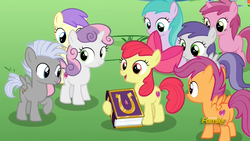 Size: 1920x1080 | Tagged: safe, screencap, alula, apple bloom, aura (g4), chipcutter, pluto, ruby pinch, scootaloo, sweetie belle, tornado bolt, earth pony, pony, fame and misfortune, g4, cutie mark crusaders, discovery family logo, friendship journal, ship:sweetiebloom, sweetiecutter, tornadoloo