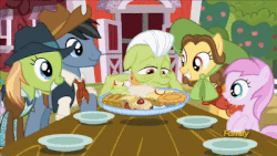 Size: 400x225 | Tagged: safe, screencap, aura (g4), granny smith, may fair, noi, piña colada, star spur, yuma spurs, earth pony, pony, fame and misfortune, g4, season 7, animated, appleloosa resident, background pony, clothes, cowboy hat, discovery family logo, eating, fake cutie mark, fast, female, filly, foal, food, gif, hat, male, mare, piña cutelada, stallion