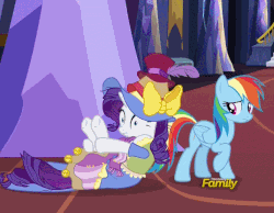 Size: 608x472 | Tagged: safe, screencap, applejack, fluttershy, rainbow dash, rarity, pony, fame and misfortune, g4, animated, female, fetal position, gif, stress couture, upset, vase, worried