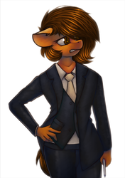 Size: 1414x2012 | Tagged: safe, artist:marsminer, oc, oc only, oc:venus spring, anthro, business suit, clothes, colored pupils, female, hand on hip, necktie, pants, pen, solo, standing, suit, three piece suit