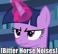 Size: 525x485 | Tagged: safe, edit, edited screencap, screencap, twilight sparkle, alicorn, pony, fame and misfortune, g4, descriptive noise, faic, female, glowing horn, horn, horse noises, image macro, meme, scowl, solo, twilight sparkle (alicorn)