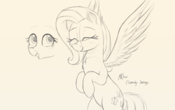 Size: 1024x643 | Tagged: safe, artist:j24262756, fluttershy, pegasus, pony, g4, cute, eyes closed, female, mare, monochrome, shyabetes, simple background, sketch, smiling, solo, traditional art