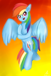 Size: 2000x3000 | Tagged: safe, artist:truffle shine, rainbow dash, pegasus, pony, g4, female, flying, high res, mare, signature, sky, smiling, solo, sunset