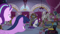 Size: 600x338 | Tagged: safe, screencap, rarity, starlight glimmer, twilight sparkle, alicorn, pony, unicorn, fame and misfortune, g4, season 7, animated, derp, faic, female, gif, insanity, makeup, nightmare fuel, rarisnap, running makeup, sewing machine, twilight sparkle (alicorn), why i'm creating a gown darling