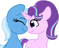 Size: 532x437 | Tagged: safe, artist:mega-poneo, artist:mlpfimlover97, starlight glimmer, trixie, pony, g4, female, lesbian, nuzzling, ship:startrix, shipping, simple background, white background