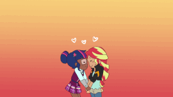 Size: 1280x720 | Tagged: safe, artist:tycoontykun, sci-twi, sunset shimmer, twilight sparkle, equestria girls, g4, animated, clothes, crystal prep academy uniform, cuddling, cute, dark skin, eyes closed, female, gif, heart, holding hands, human coloration, lesbian, school uniform, shimmerbetes, ship:sci-twishimmer, ship:sunsetsparkle, shipping, simple background, twiabetes