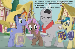 Size: 1006x651 | Tagged: safe, edit, edited screencap, editor:korora, screencap, butter up, cocoa candy, first edition, royal gambit, earth pony, pony, unicorn, fame and misfortune, g4, book, c.s. lewis, cropped, female, friendship journal, magic, magic aura, male, mare, quote, stallion, text, the great divorce (book)