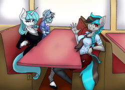 Size: 1325x953 | Tagged: safe, artist:dimvitrarius, oc, oc only, oc:arctic melody, oc:chillwind, oc:frostflow, earth pony, unicorn, anthro, unguligrade anthro, business suit, clothes, commission, diner, glasses, heterochromia, necktie, simple background, sitting, stockings, sunglasses, thigh highs, transparent background
