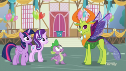 Size: 1920x1080 | Tagged: safe, screencap, spike, starlight glimmer, thorax, twilight sparkle, alicorn, changedling, changeling, dragon, pony, g4, triple threat, king thorax, twilight sparkle (alicorn)