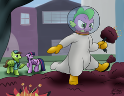 Size: 2219x1725 | Tagged: safe, artist:the-furry-railfan, douglas spruce, evergreen, spike, twilight sparkle, alicorn, dragon, pegasus, pony, g4, canterlot, cap, clothes, cute, dragonsneeze, galoshes, hat, hazmat suit, kicking, male, overalls, spikabetes, stallion, twilight sparkle (alicorn), wing fluff