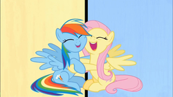 Size: 1280x720 | Tagged: safe, screencap, fluttershy, rainbow dash, pegasus, pony, fame and misfortune, g4, cute, dashabetes, duo, eyes closed, female, flawless, friendshipping, happy, hug, mare, open mouth, shyabetes, sitting