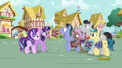 Size: 1920x1080 | Tagged: safe, screencap, bon bon, butter up, cocoa candy, first edition, goldengrape, royal gambit, sir colton vines iii, starlight glimmer, sweetie drops, twilight sparkle, alicorn, pony, unicorn, fame and misfortune, g4, book, female, friendship journal, glowing horn, horn, levitation, magic, male, mare, ponyville, stallion, telekinesis, twilight sparkle (alicorn)