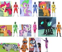 Size: 515x431 | Tagged: safe, all aboard, apple bloom, babs seed, scootaloo, smarty pants, spike, sweetie belle, thorax, dragon, g4, cutie mark crusaders, power rangers, screenshots, super sentai, toqger