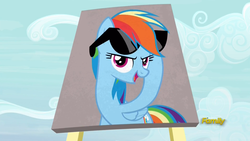 Size: 1920x1080 | Tagged: safe, screencap, rainbow dash, pony, fame and misfortune, g4, billboard, discovery family logo, female, flawless, mare, solo, sunglasses