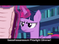 Size: 640x480 | Tagged: safe, screencap, twilight sparkle, alicorn, pony, fame and misfortune, g4, animated, book, bookshelf, caption, discovery family logo, female, friendship journal, gif, gif with captions, glowing horn, horn, magic, muttley, solo, telekinesis, twilight sparkle (alicorn), wacky races