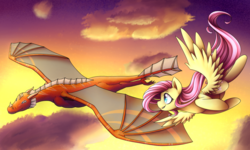 Size: 1024x614 | Tagged: safe, artist:jadekettu, artist:okamisusi, fluttershy, dragon, pegasus, pony, g4, cloud, collaboration, female, flying, looking at each other, mare, sky, smiling, spread wings, wings