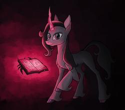 Size: 3200x2800 | Tagged: safe, artist:sinniepony, oleander (tfh), classical unicorn, pony, unicorn, them's fightin' herds, black mane, blue eyes, book, community related, dark magic, dark magician girl, demonology, female, frown, glowing horn, high res, horn, looking at you, magic, magic aura, magic book, mare, serious, serious face, solo, telekinesis, unicornomicon, unshorn fetlocks