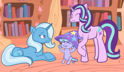 Size: 2320x1354 | Tagged: safe, artist:quartziie, starlight glimmer, trixie, oc, pony, g4, family, female, lesbian, magical lesbian spawn, offspring, parent:starlight glimmer, parent:trixie, parents:startrix, ship:startrix, shipping